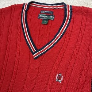 Siegfried Sweater Vest Mens Large Red Cable Knit V Neck Preppy Striped Trim